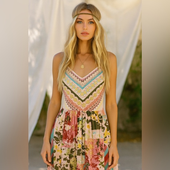 Versona Floral Patchwork Bohemian Hippie Maxi Dress - Picture 2 of 7